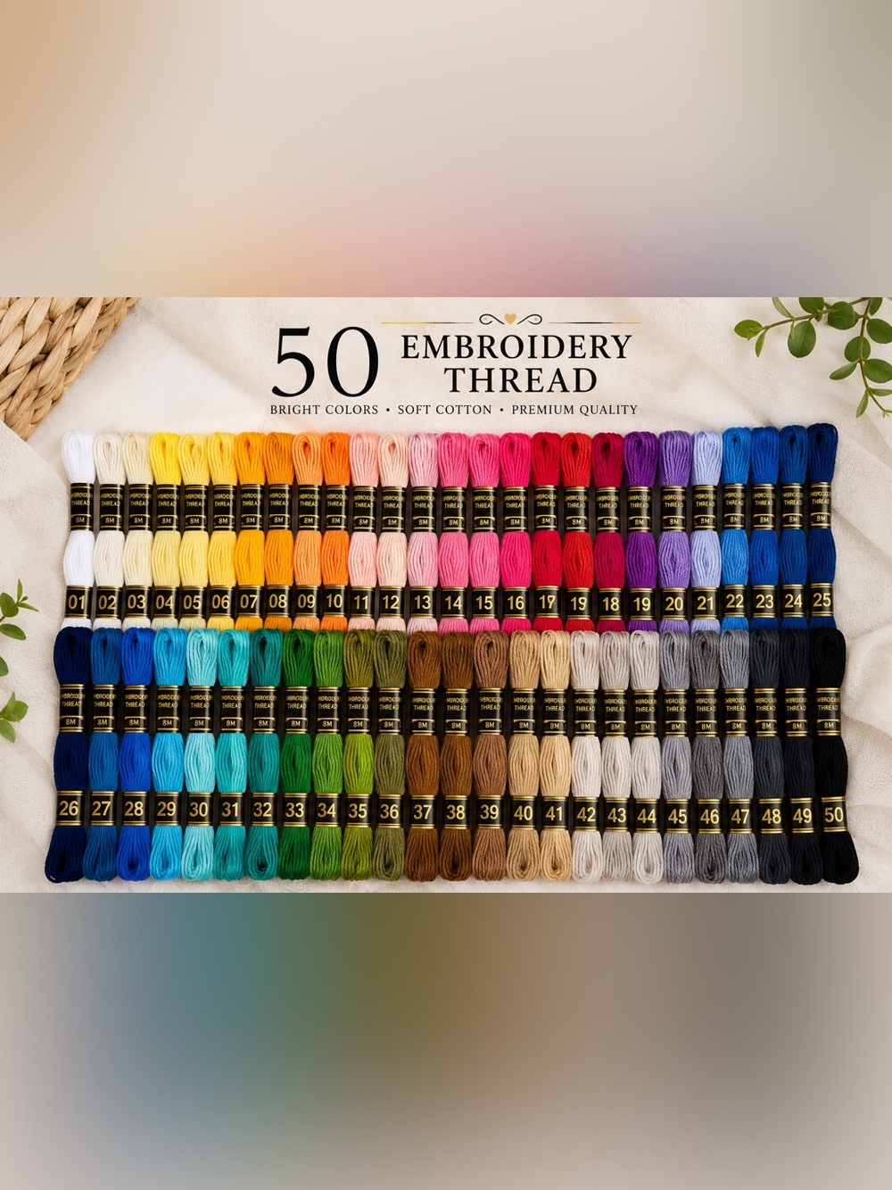 Assorted Embroidery Floss Thread Set - 50 Multicolor Skeins